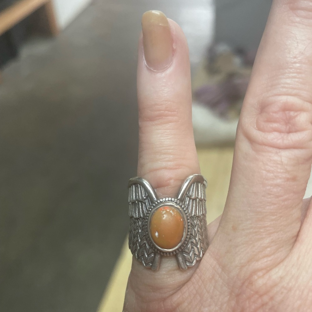 Sterling Silver Wings Ring with Genuine Orange Ethiopian Opal-flaws🌼